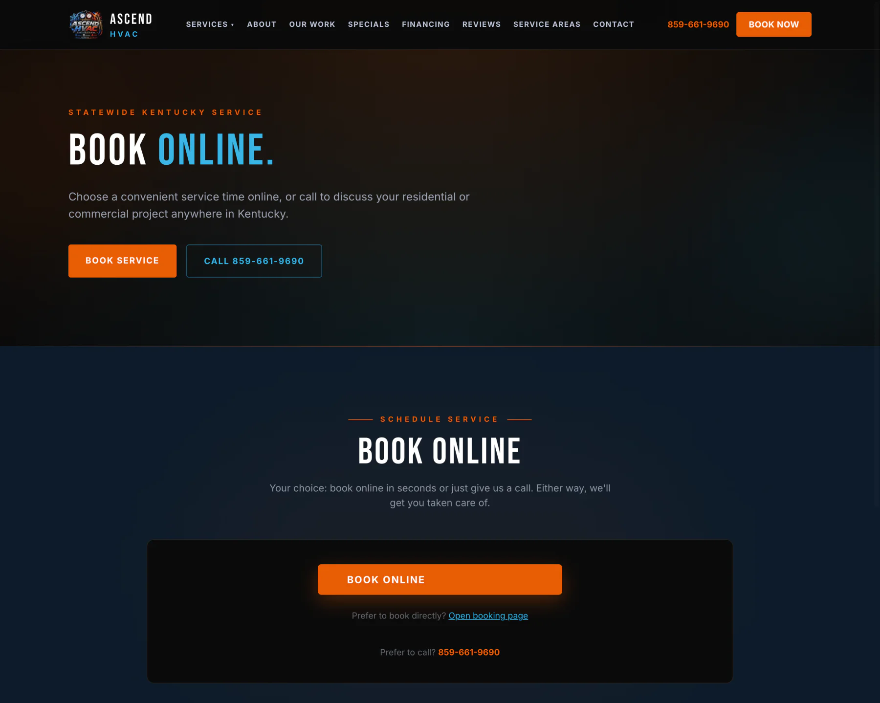 Ascend HVAC online booking page connecting customers to the company's existing Housecall Pro booking flow