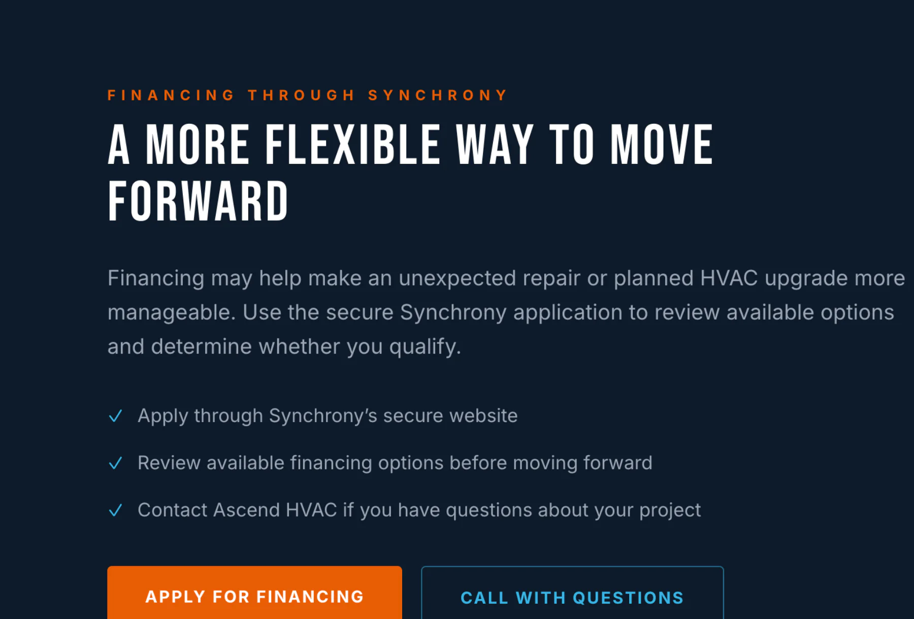 Ascend HVAC financing page with direct access to a secure Synchrony financing application