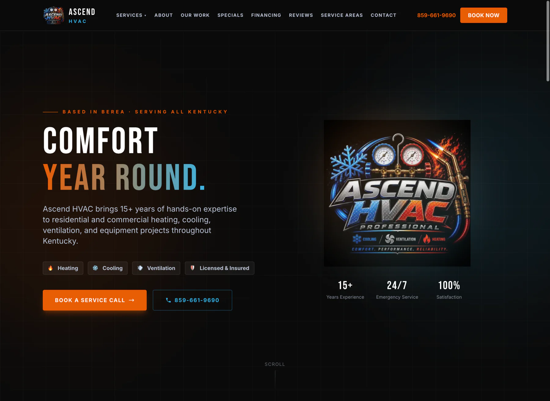 Ascend HVAC homepage with statewide Kentucky positioning, service calls to action, and company branding