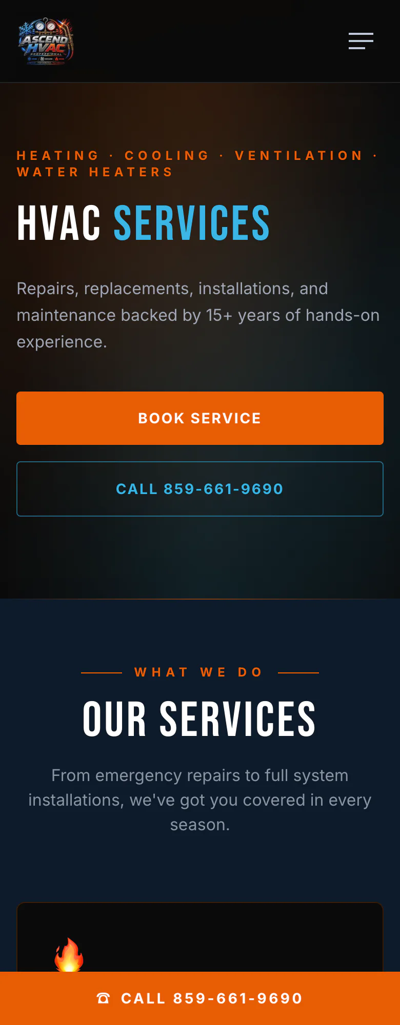 Mobile Ascend HVAC services page with responsive navigation, service information, and booking actions