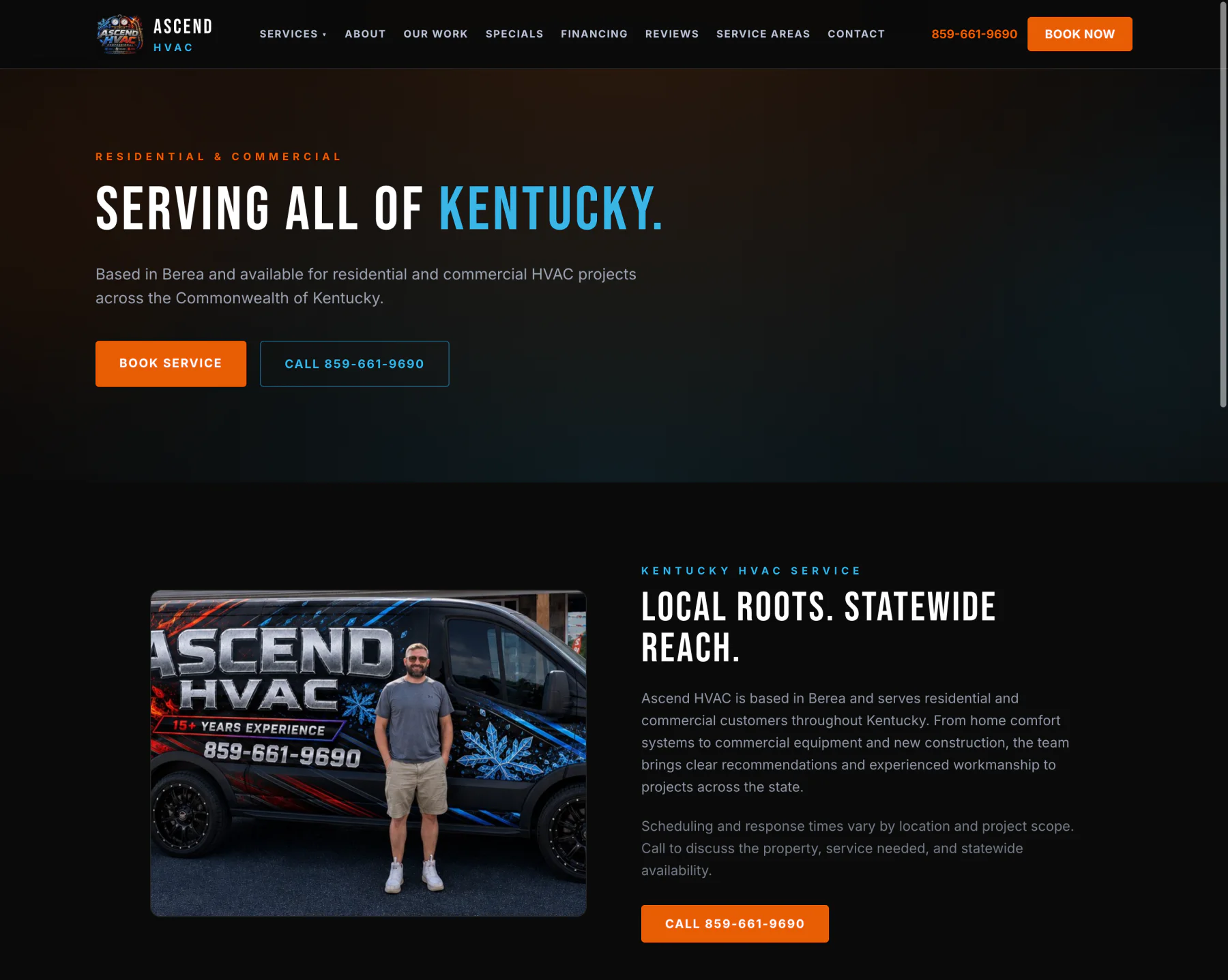 Ascend HVAC service areas page describing Berea roots and statewide Kentucky availability