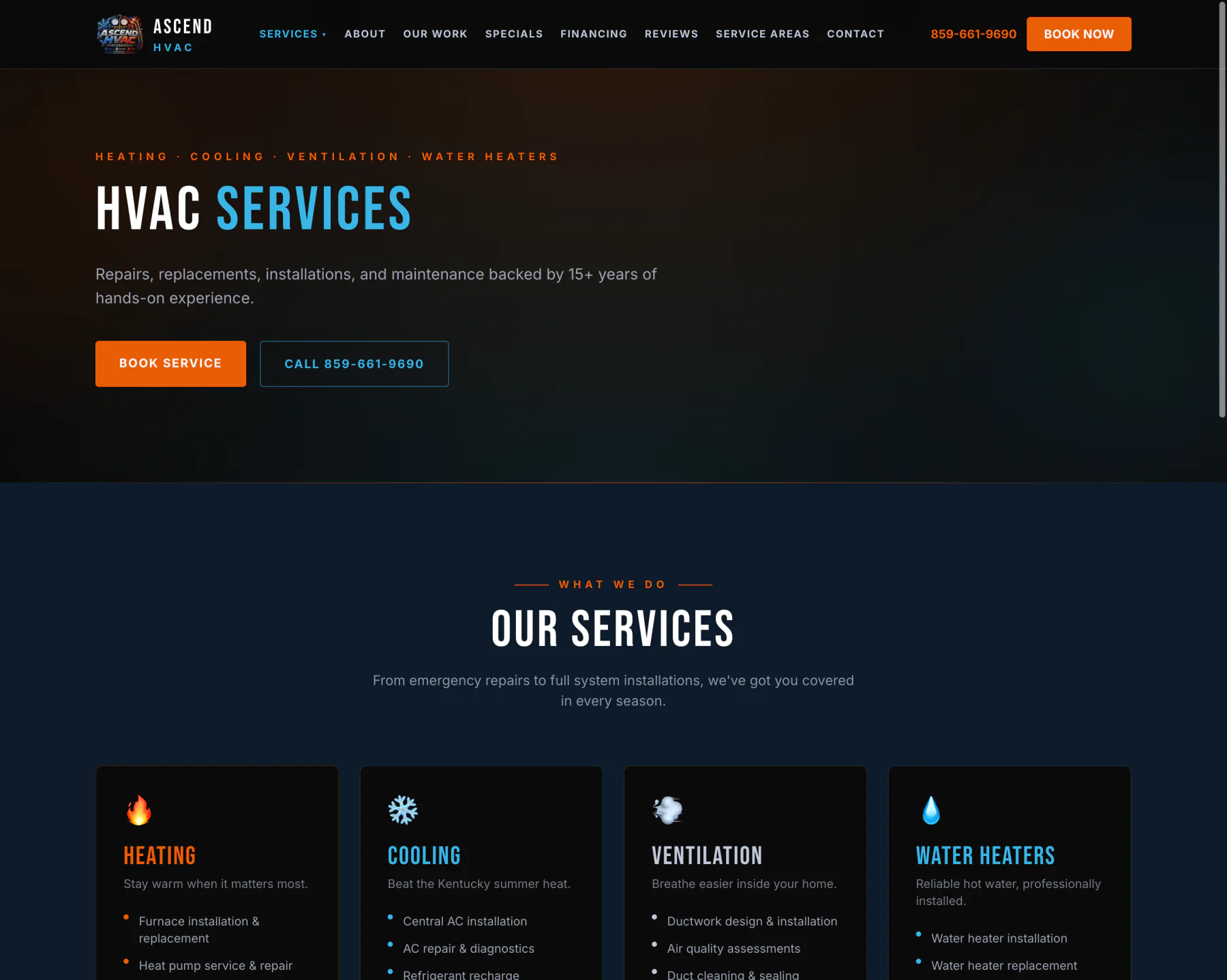 Ascend HVAC services page presenting heating, cooling, ventilation, and water heater services