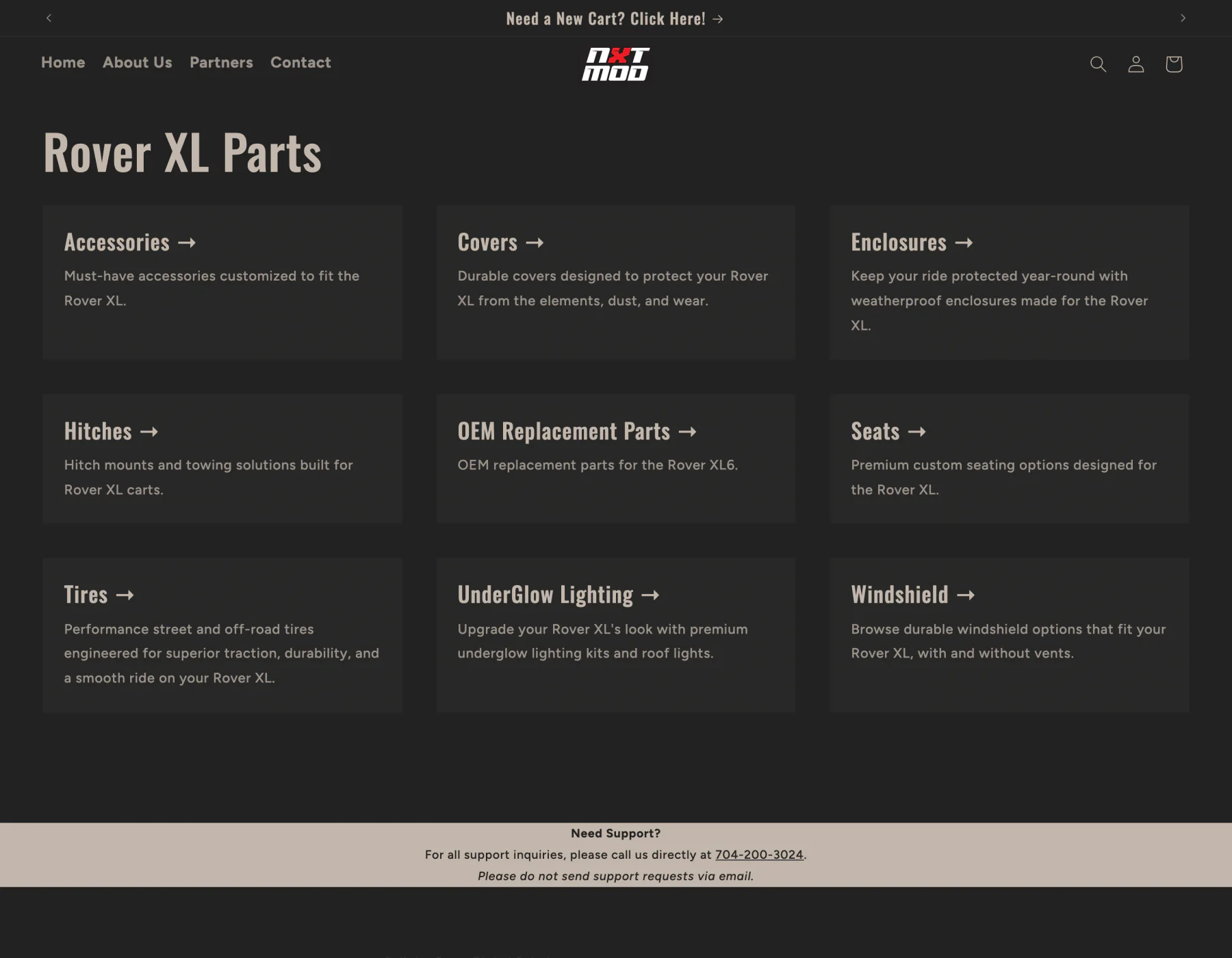 Rover XL parts page organized into accessories, covers, enclosures, hitches, OEM parts, seats, tires, lighting, and windshields