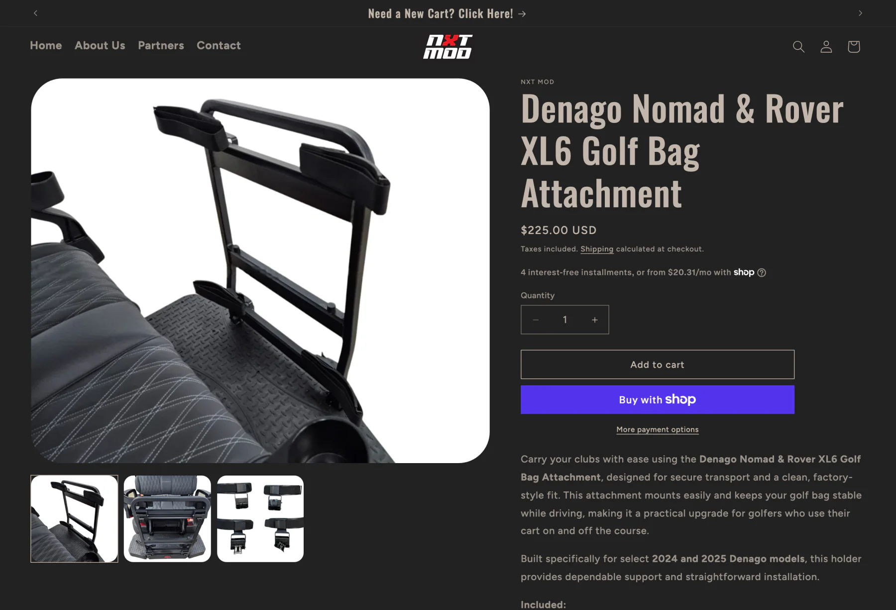 KRM NXT Mod product page for a Denago golf bag attachment with product imagery, pricing, quantity controls, and purchase options