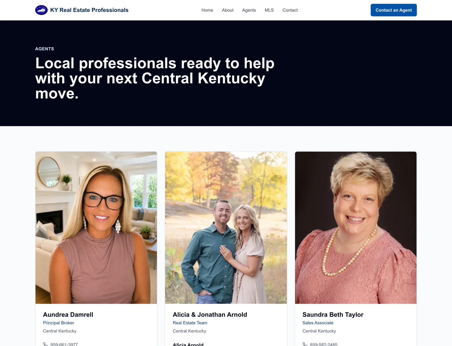 KY Real Estate Professionals agents page presenting brokerage team members and contact details
