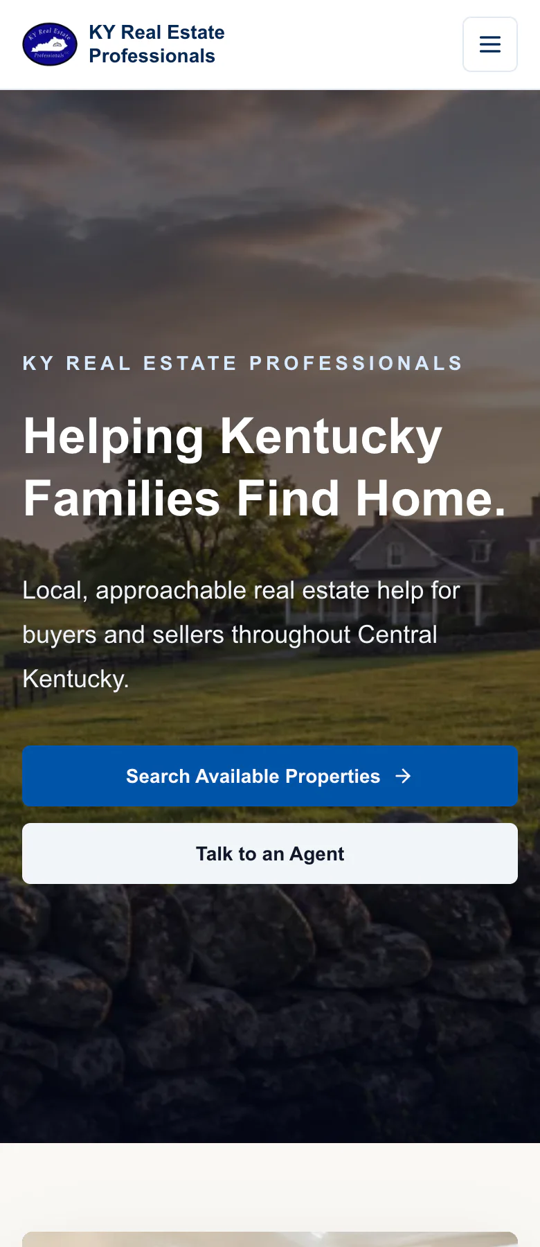 Mobile view of the KY Real Estate Professionals homepage and navigation