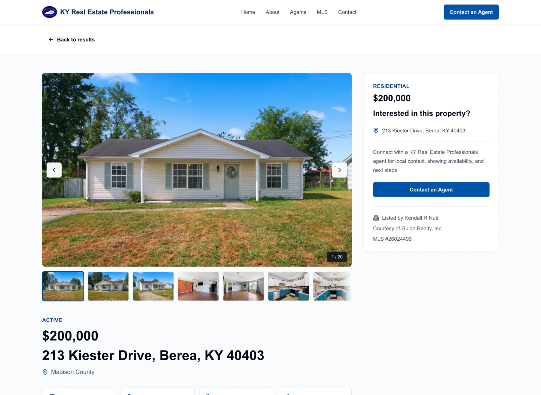 KY Real Estate Professionals property-detail page with listing photography and essential facts