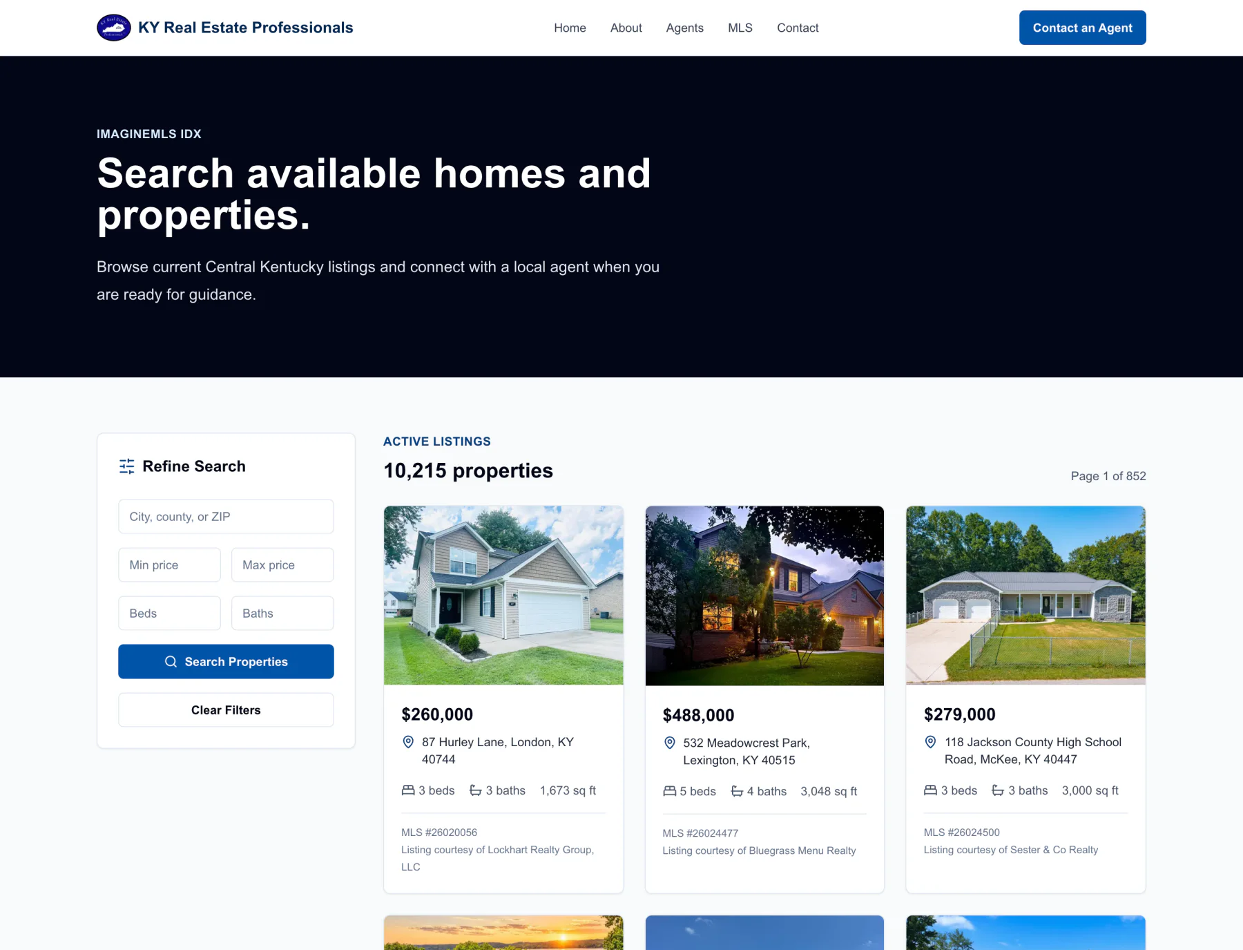 KY Real Estate Professionals live MLS property-search page with filters and listing cards
