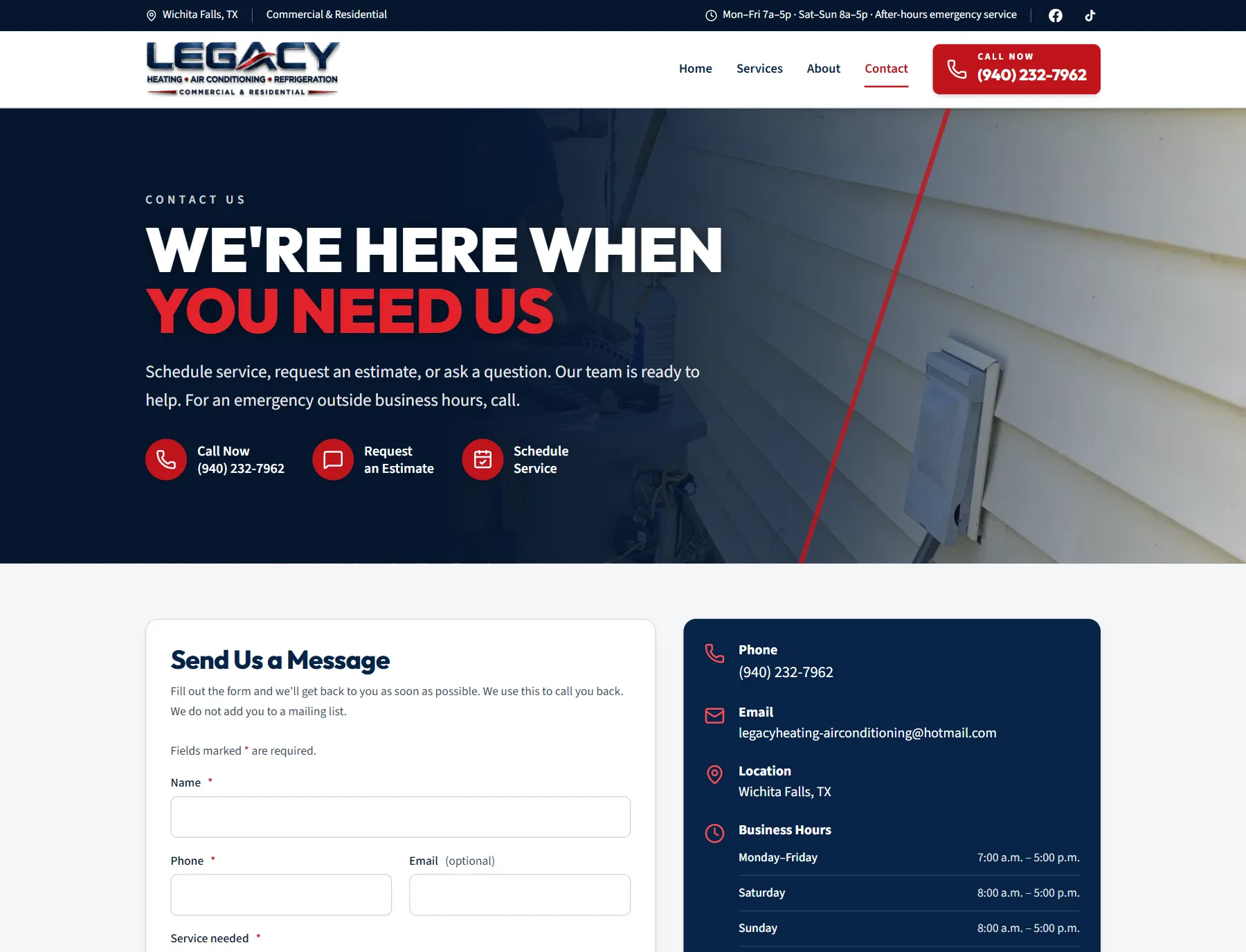 Legacy Heating & AC contact page with call, estimate, and scheduling options beside a quote request form and business hours
