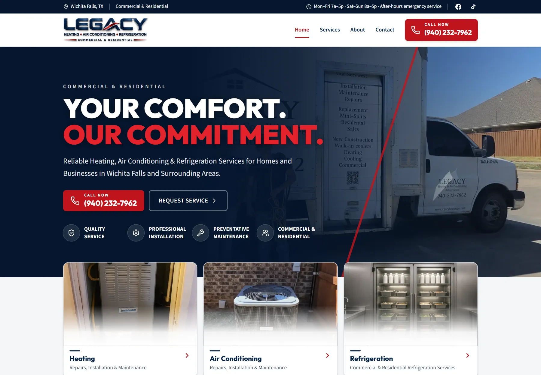 Legacy Heating & AC homepage with a call-now button, a request-service button, and a photo of the company's service truck