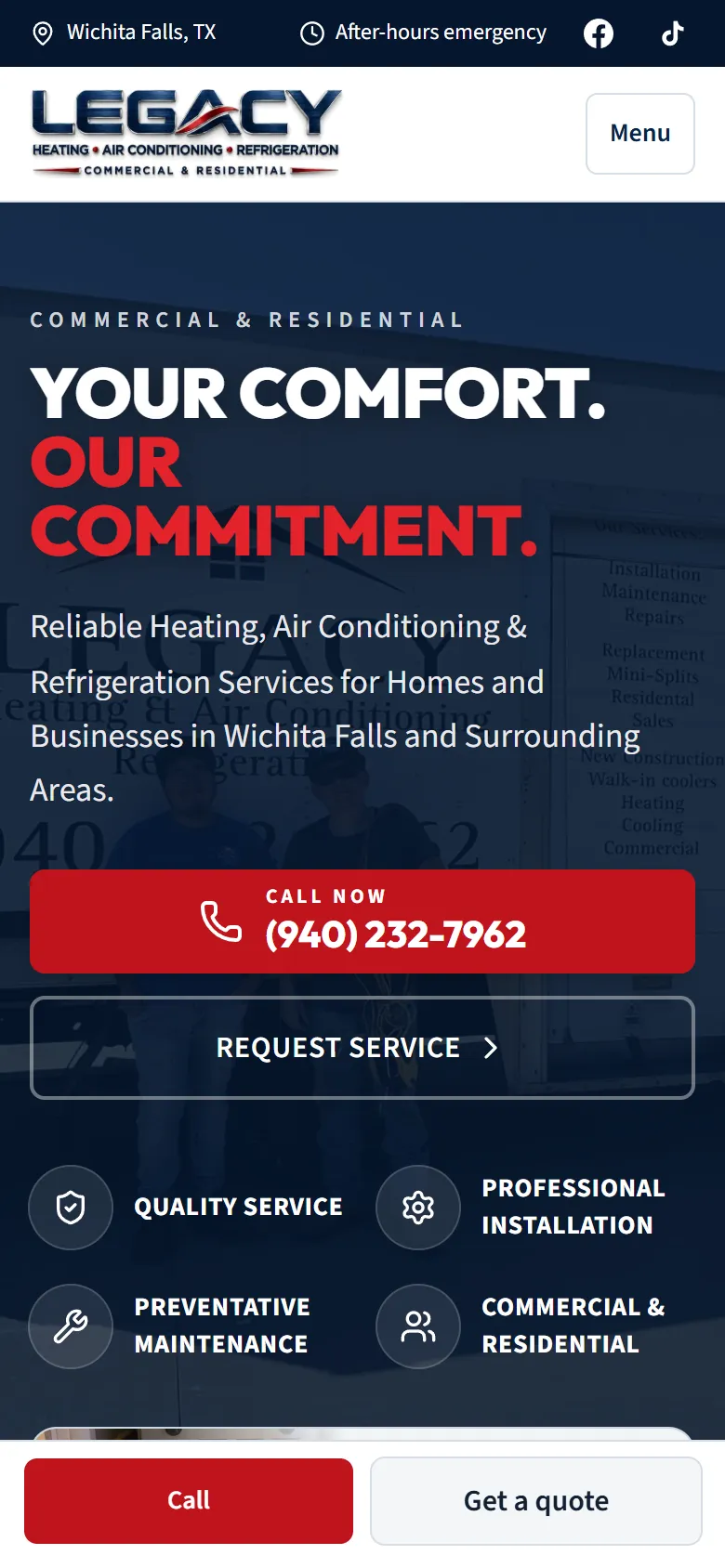 Mobile Legacy Heating & AC homepage with a large call-now button and a sticky call and quote bar