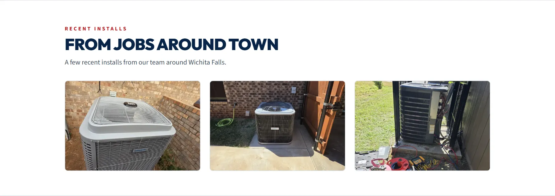 Recent installs section showing three photos of new outdoor condensers installed by Legacy around Wichita Falls