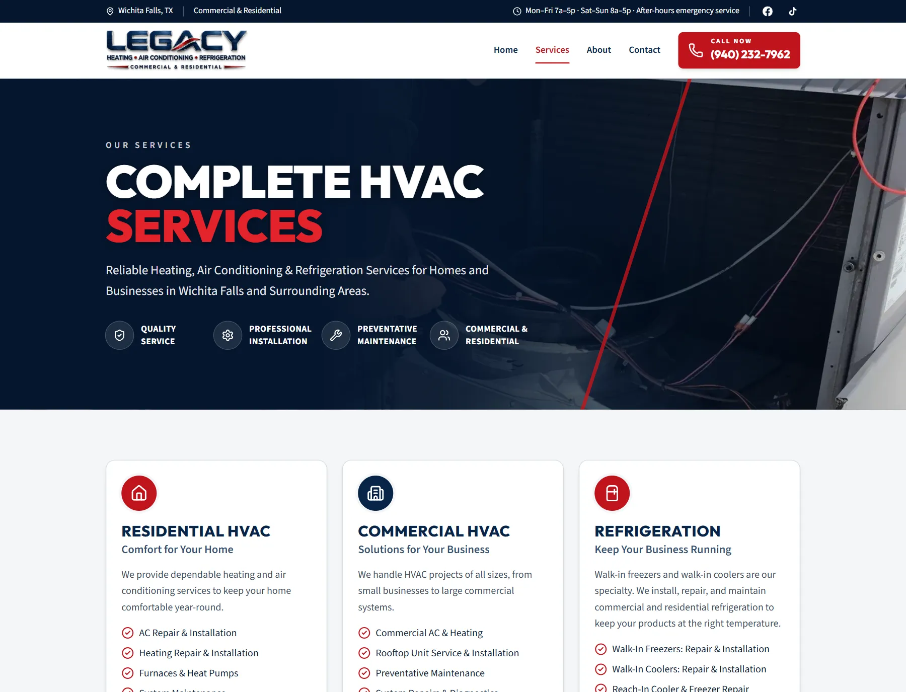 Legacy Heating & AC services page with residential HVAC, commercial HVAC, and refrigeration service cards