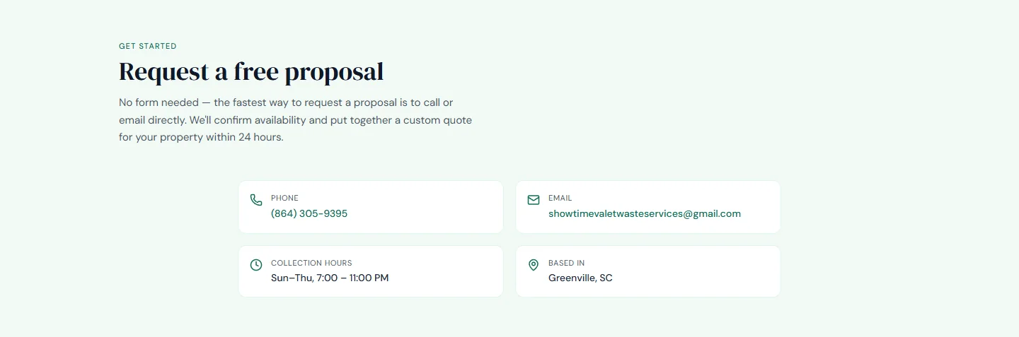 Showtime Valet Waste Services proposal section with phone, email, hours, and Greenville location