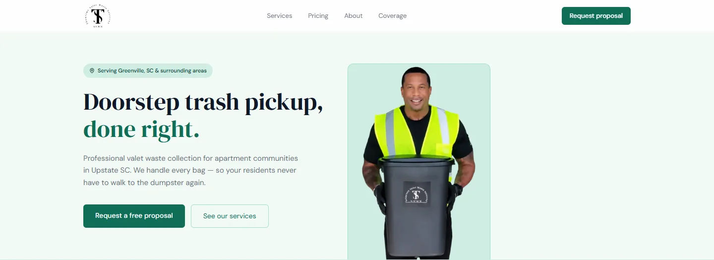 Showtime Valet Waste Services homepage introducing doorstep trash pickup for apartment communities