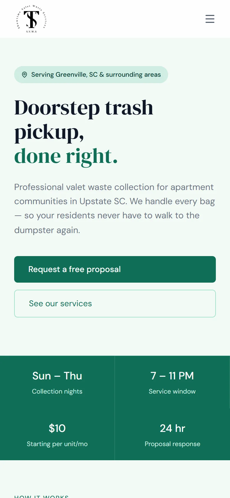 Mobile view of the Showtime Valet Waste Services homepage